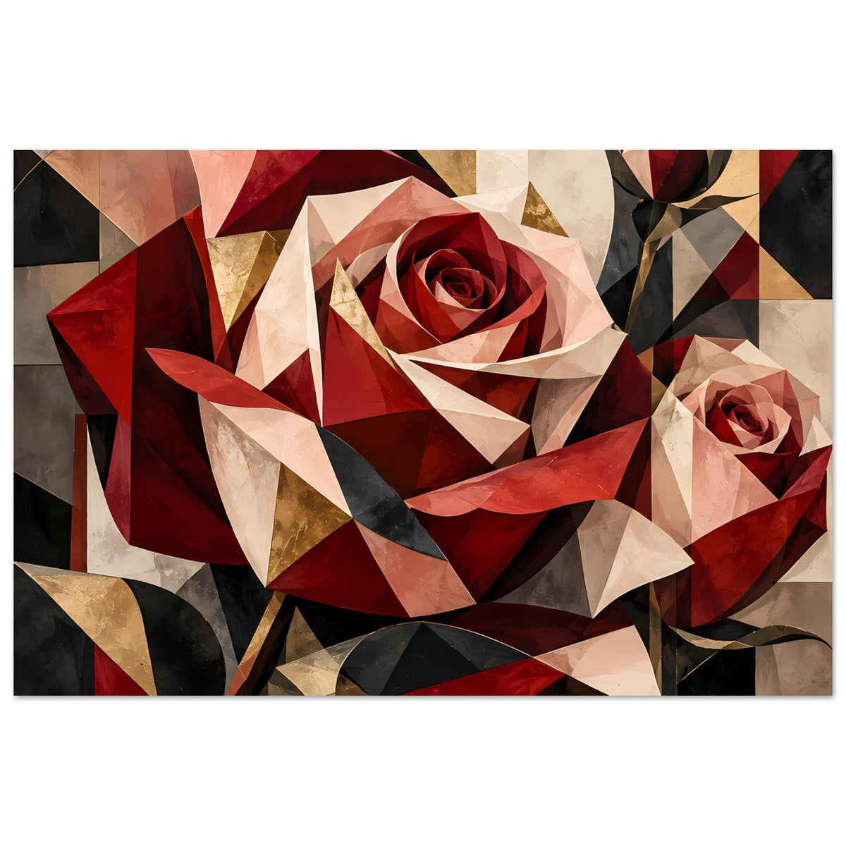 Wandposter: geometrische Rose in Rot und Gold, beige Schattierungen, abstrakte Facetten