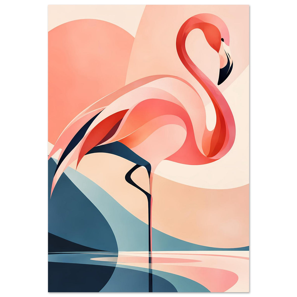 Kunstdruck mit Flamingo-Silhouette in Rot und Rosa, umgeben von abstrakten Kreis- und Wellenformen