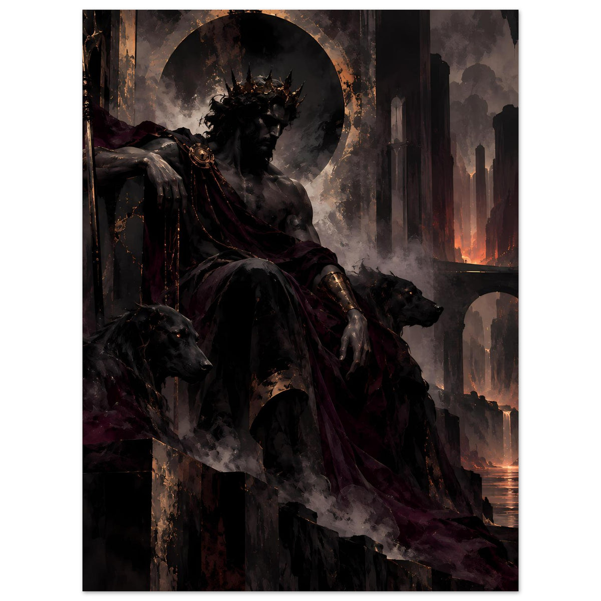 Dark-Fantasy-Poster mit gekrönter Kriegerfigur, Mondsymbol und Flammen in Ruinen (hoch)