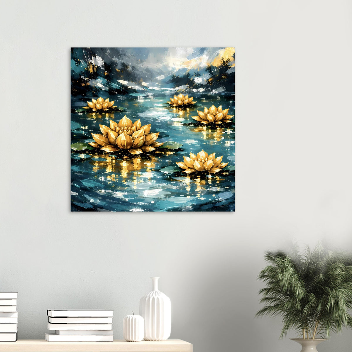 Quadratisches Poster mit goldenen Seerosen auf dunklem Wasser und Himmelreflexen