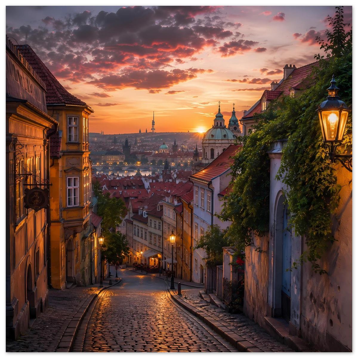 Stadtposter im Hochformat mit Altstadtgasse, Laternen und Blick auf Türme bei Sonnenuntergang
