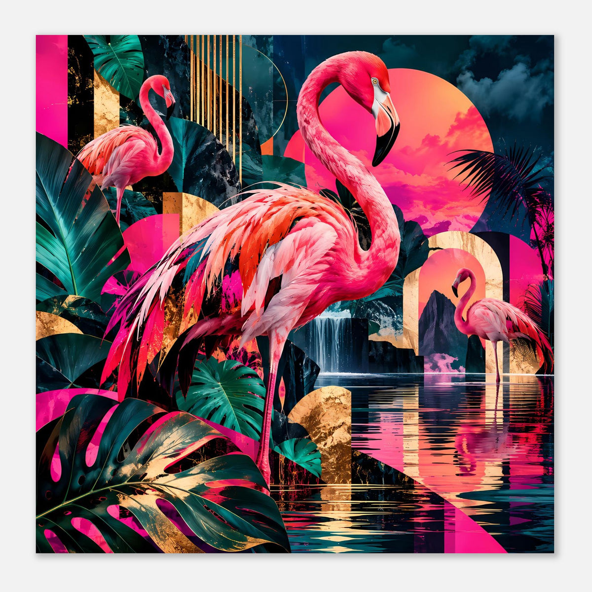 Querformat-Poster mit drei Flamingos, tropischen Blättern und warmem Himmel in Pink und Türkis