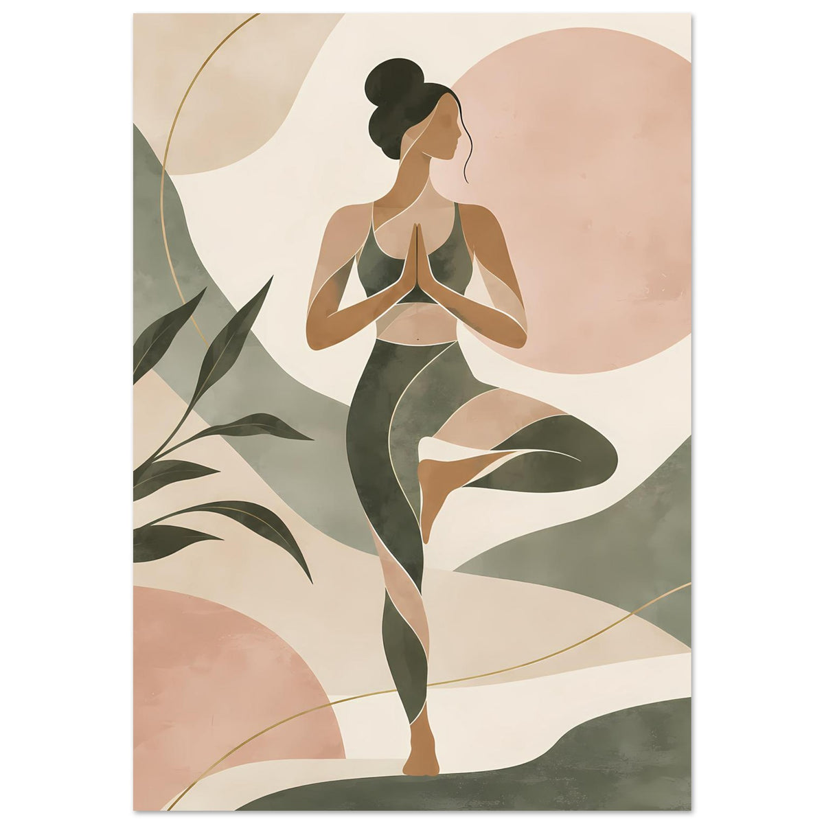 Abstraktes Yogafigur-Poster: Frau im Lotussitz, gefaltete Hände vor der Brust, Salbeigrün.