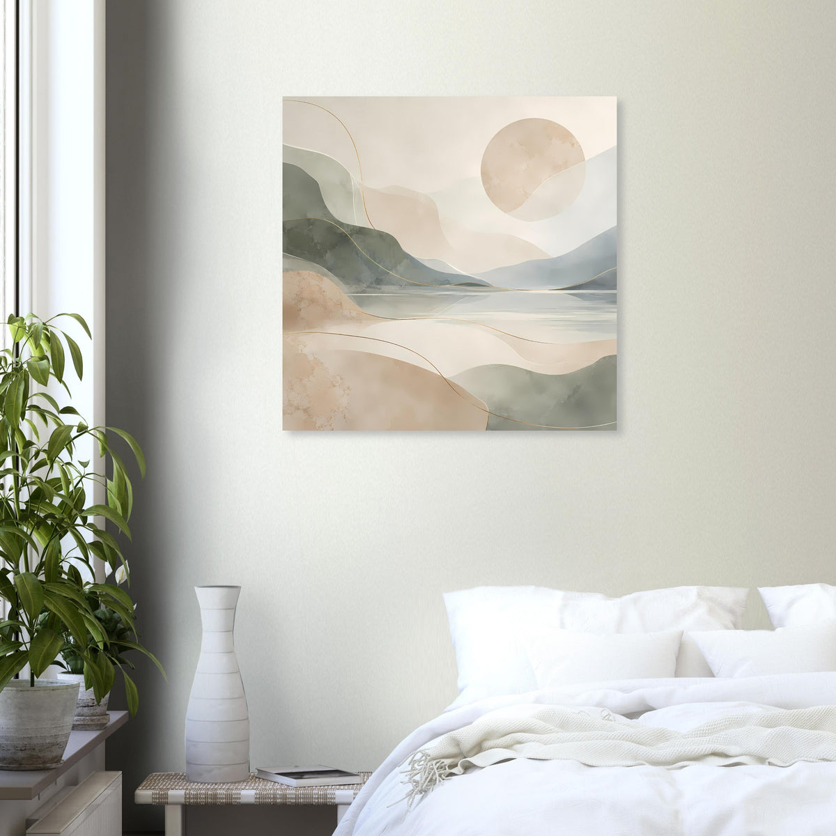 Quadratisches Poster mit abstrakter Berg- und Seenlandschaft, Beige und goldene Akzente