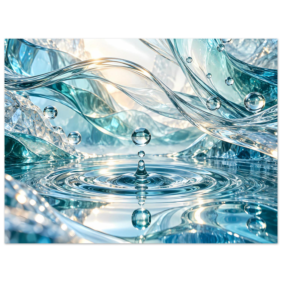 Wasserwelt-Poster mit kreisförmigem Wasserwirbel, klaren Glaskugeln und türkisblauen Wellen