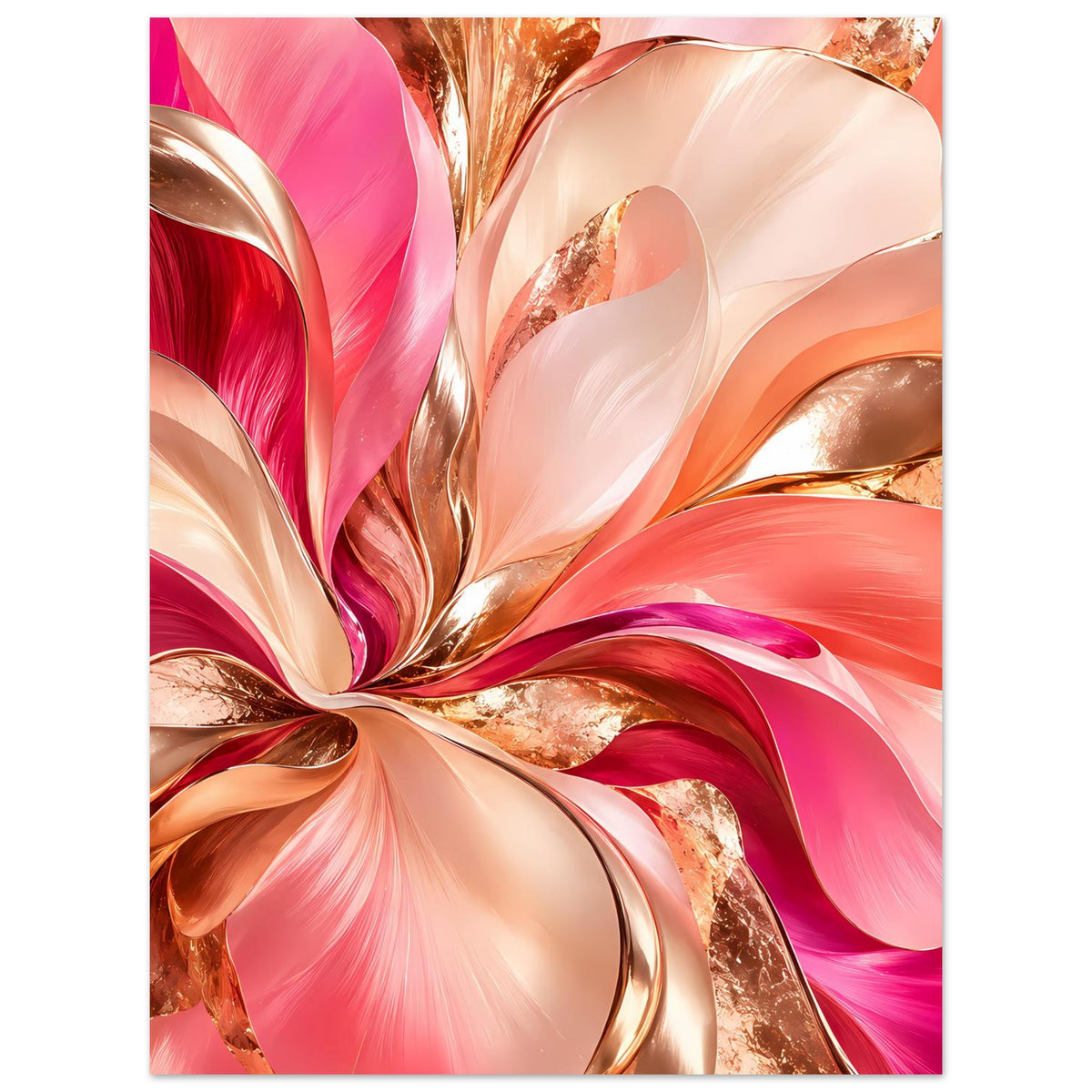Abstraktes Blumenposter im Hochformat mit rosa und beigen Blättern, goldene Highlights