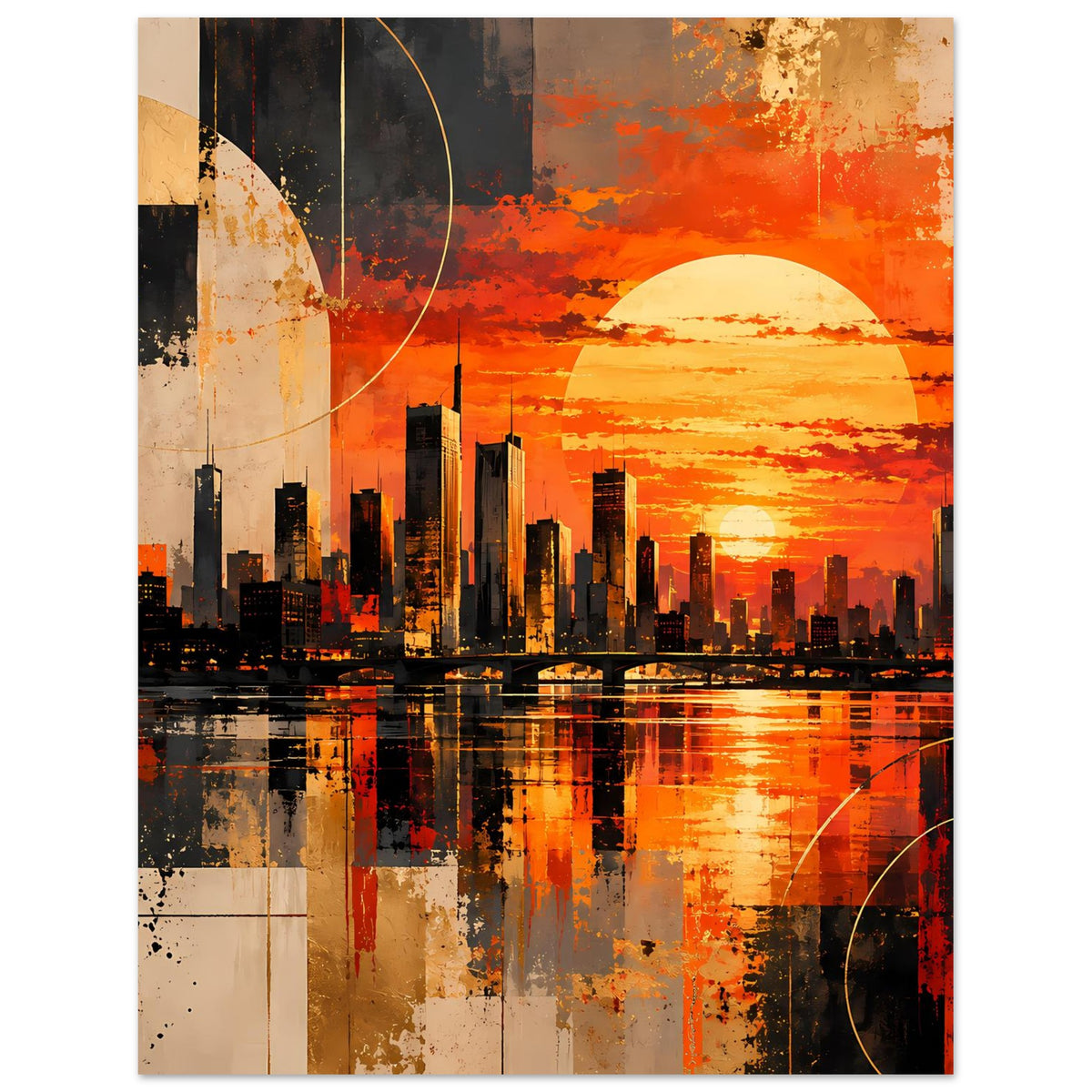 Poster im Hochformat mit dunkler Skyline und orangefarbenem Himmel, Sonne über dem Horizont, Reflexe