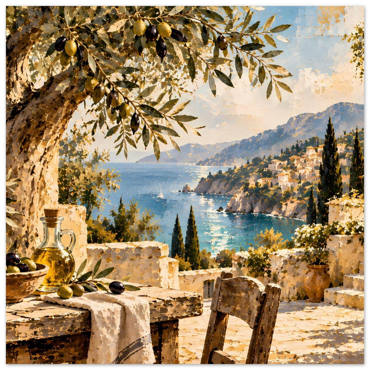 Küstenposter mit Steinterrasse, Karaffe, Oliven und Meer im Hintergrund mit Küstenhäusern