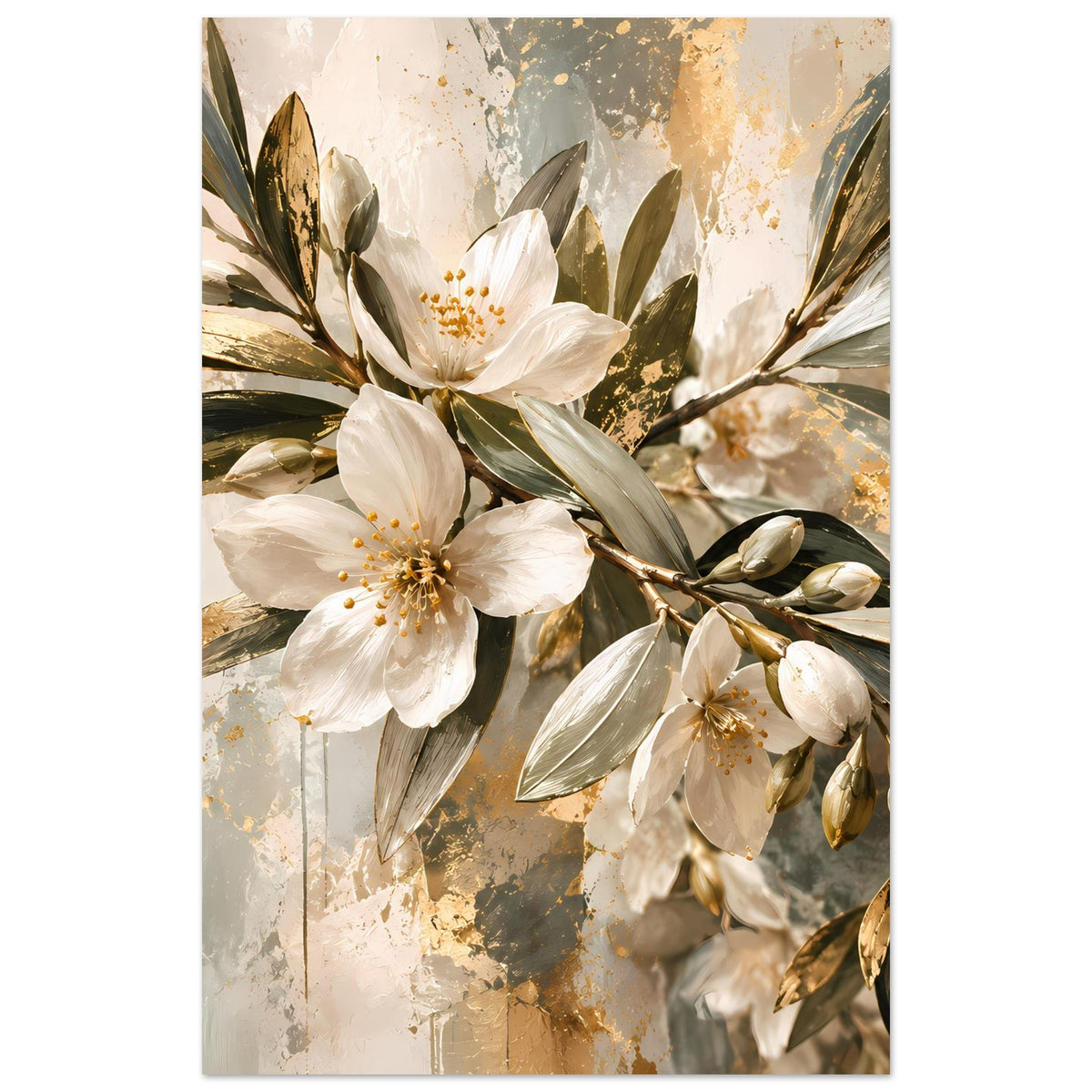 Blumenposter mit weißen Blüten, gold schimmernden Akzenten und grünen Blättern, Hochformat