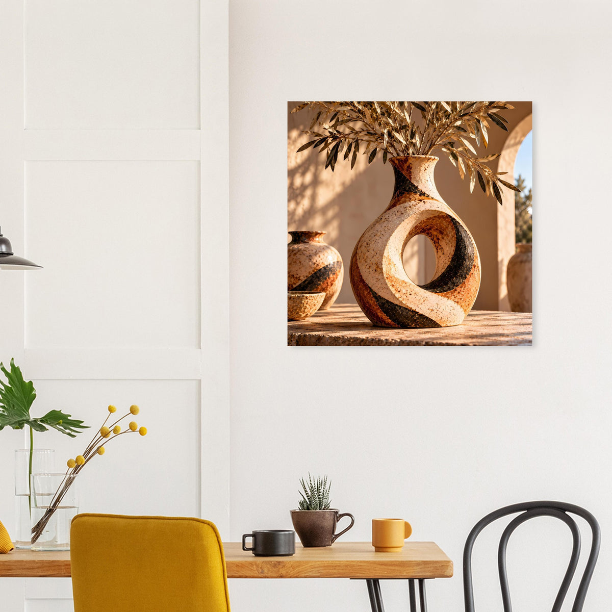 Quadratisches Wandposter mit braun-beiger Keramikvase und weiteren Vasen im Motiv