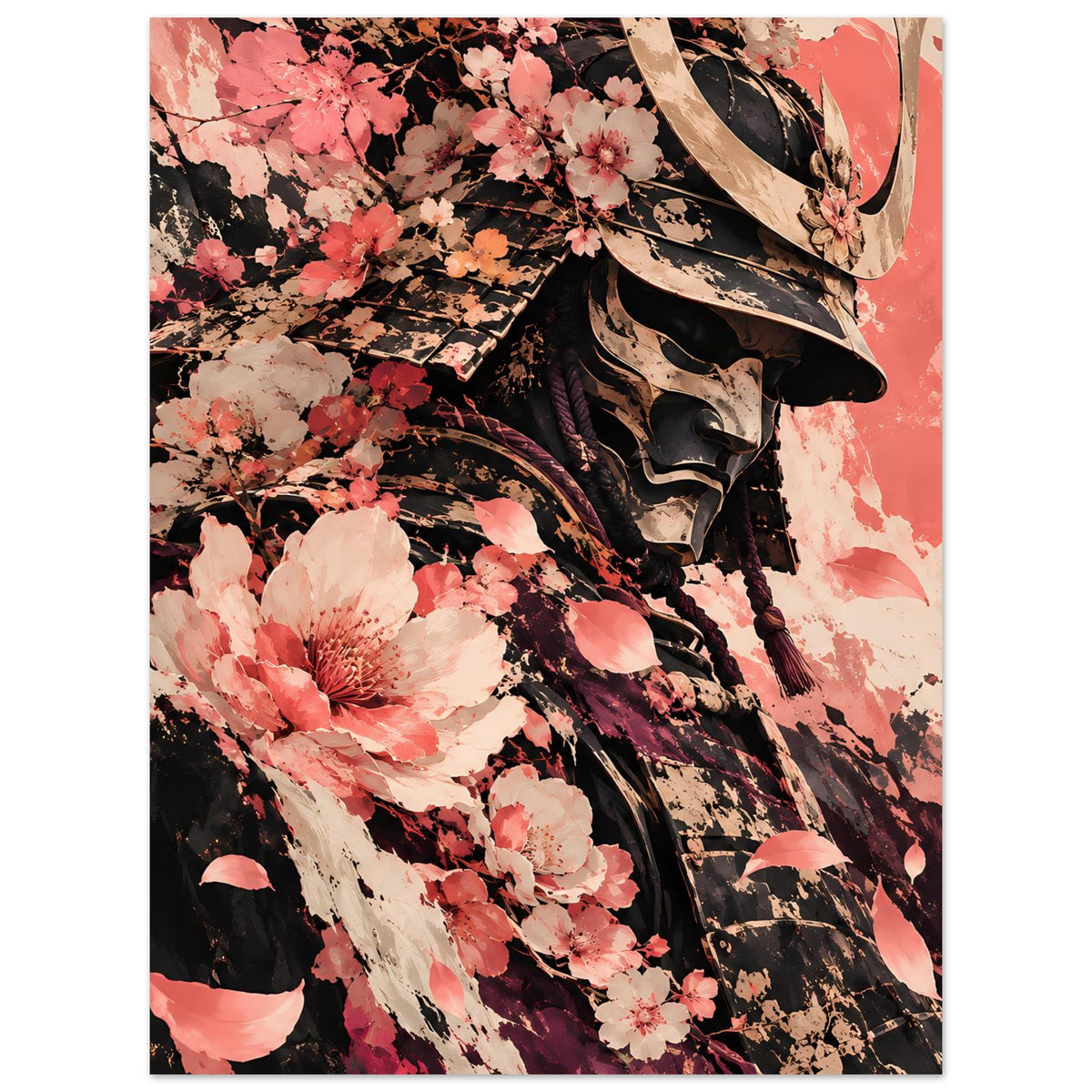 Poster im Hochformat mit Samuraihelm und Kirschblüten, Blumenkranz über der Schulter