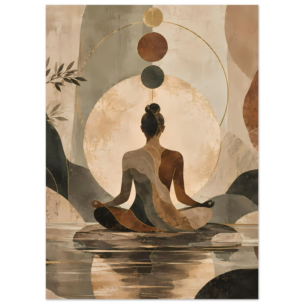 Poster mit Yogafigur im Kreis, Erdtöne und dunkler Silhouette, dezente Linien am Boden