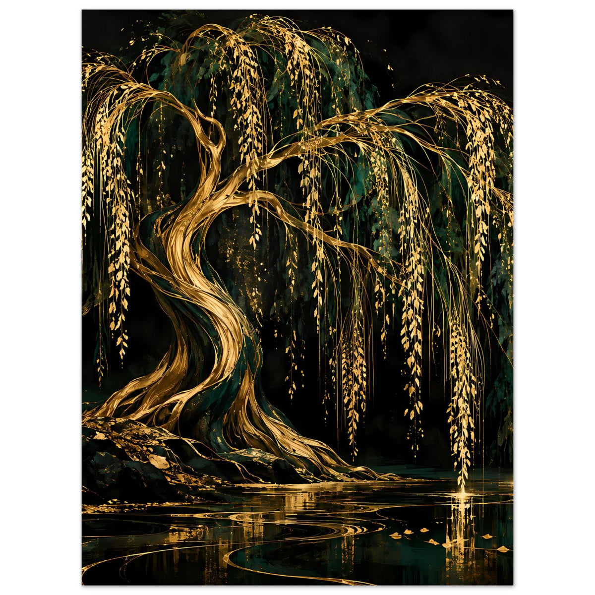 Weidenbaum-Poster mit goldenen, herabhängenden Zweigen und dunklem Wasserspiegel