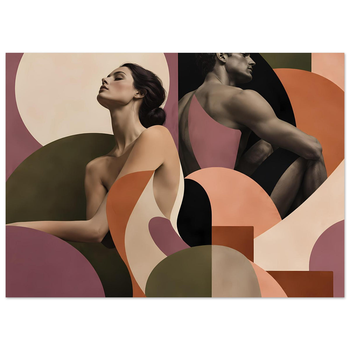 Figurenposter quer mit zwei weiblichen Silhouetten, geometrische Formen in Terrakotta und Mauve