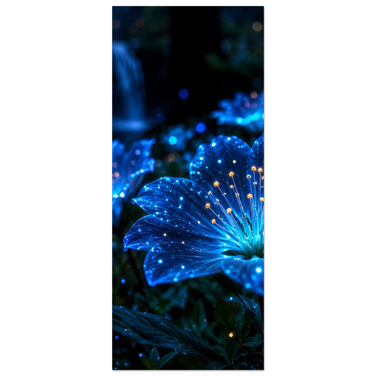 Hochformat-Poster mit leuchtender blauer Blüte, Sternenlicht und feinen orangefarbenen Staubpunkten