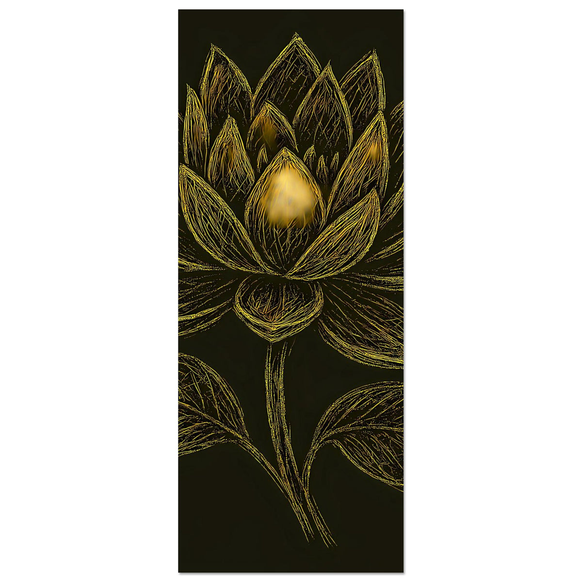 Hochformat-Poster mit goldener Lotusblüte und Blättern, florales Motiv auf dunklem Hintergrund