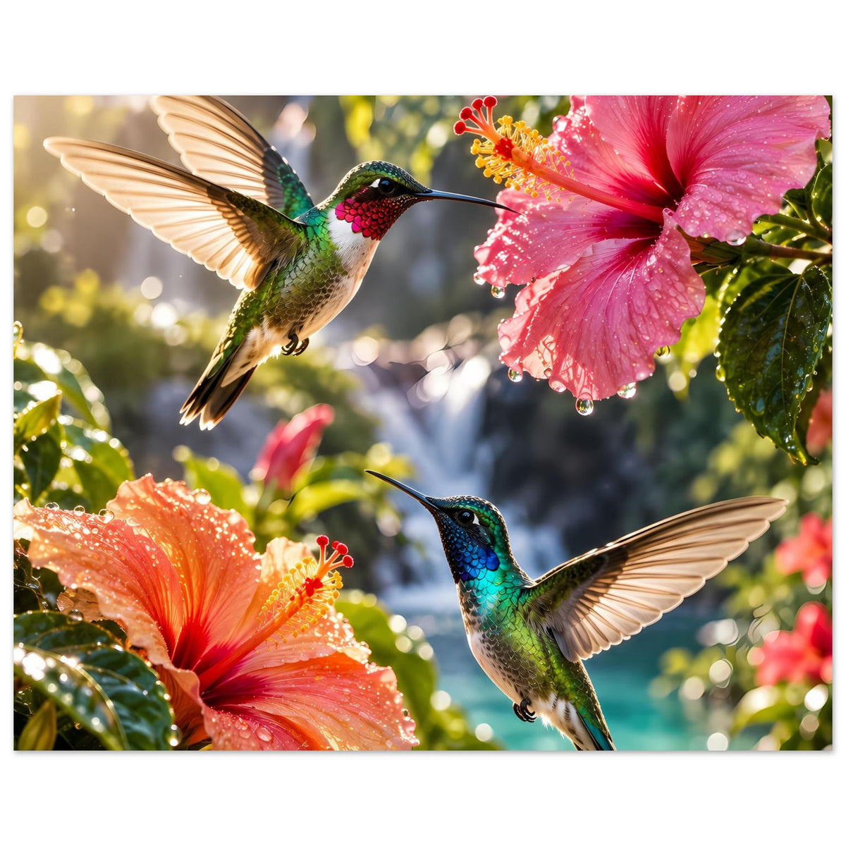Poster mit zwei Kolibris vor Hibiskusblüten in Pink und Orange, Hochformat