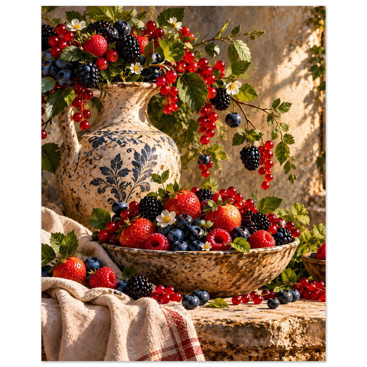 Beeren-Stillleben-Poster: Vase mit Pflanzenornament, Obstschale und rotes Beerengesteck
