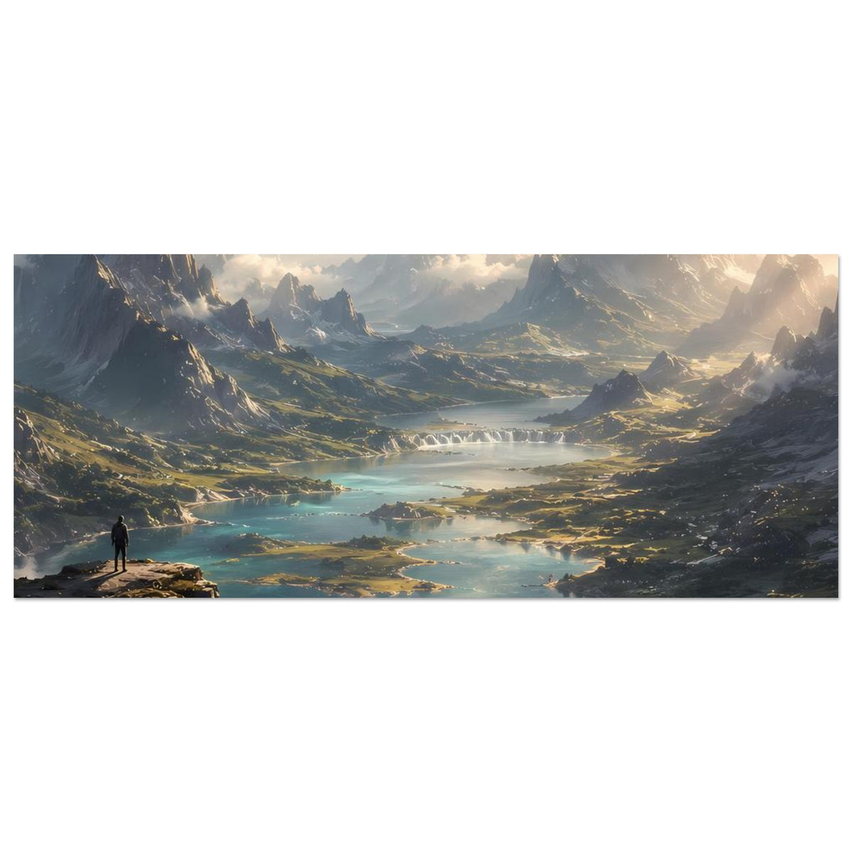 Breites Landschaftsposter mit Bergtal und Fluss, Wasserfälle im unteren Bereich.