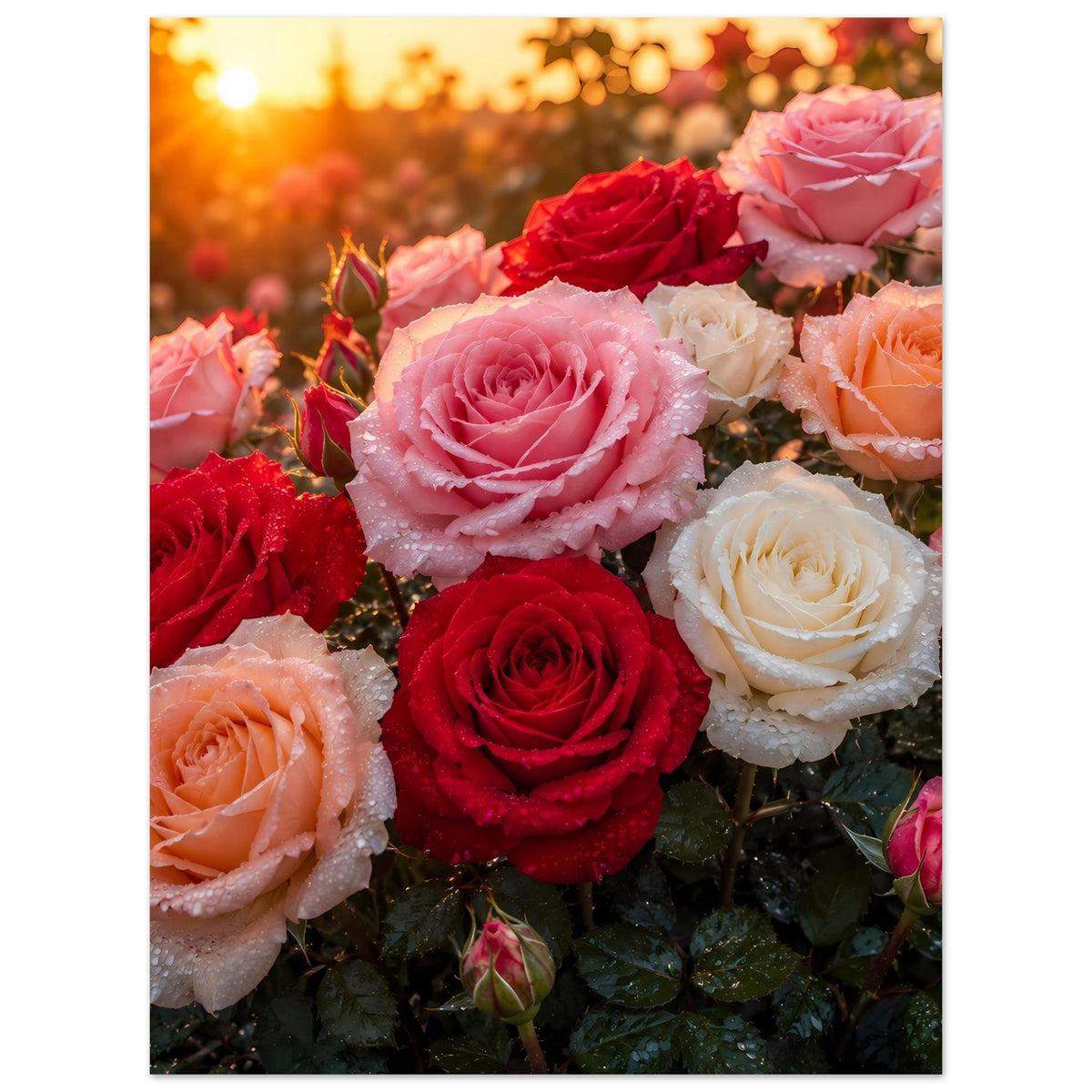 Poster in Hochformat mit Rosen in Rosa, Rot, Orange und Weiß