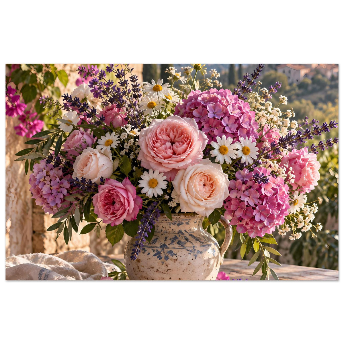 Blumenposter im Querformat: Vase mit rosa und lila Blüten, Rosenkopf im Vordergrund