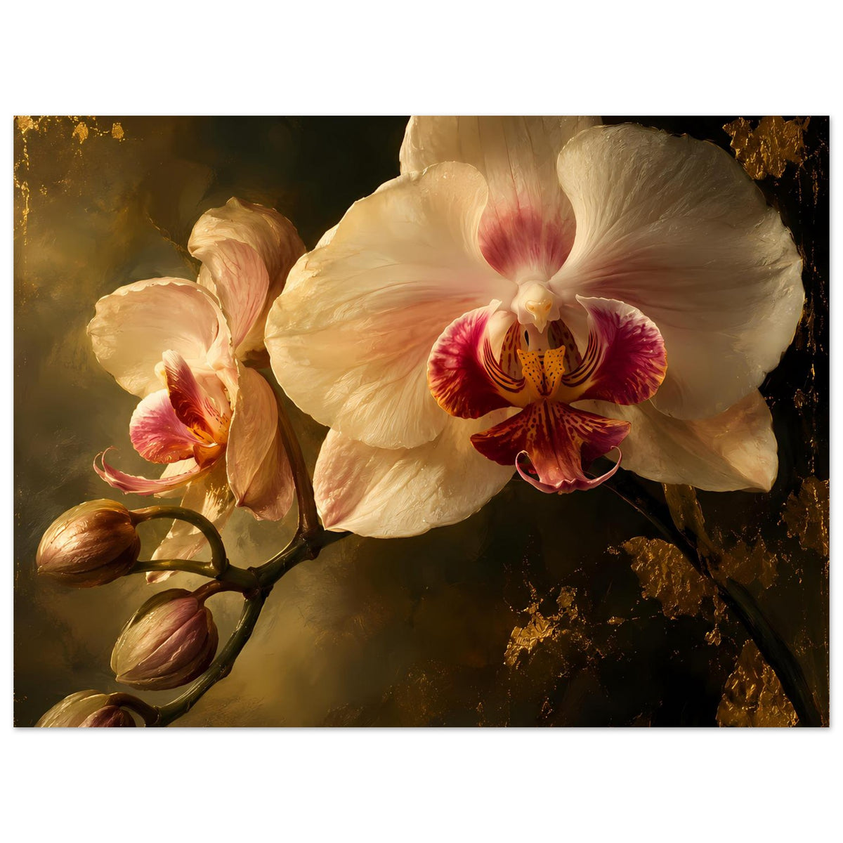 Orchideen-Poster mit cremeweißer Blüte, rosa Mitte und goldbetonten Knospen