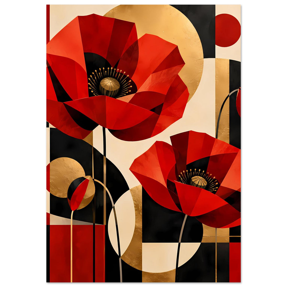 Kunstposter mit roten Mohnblumen: grafische Blütenform, goldene Akzente, dunkler Hintergrund.
