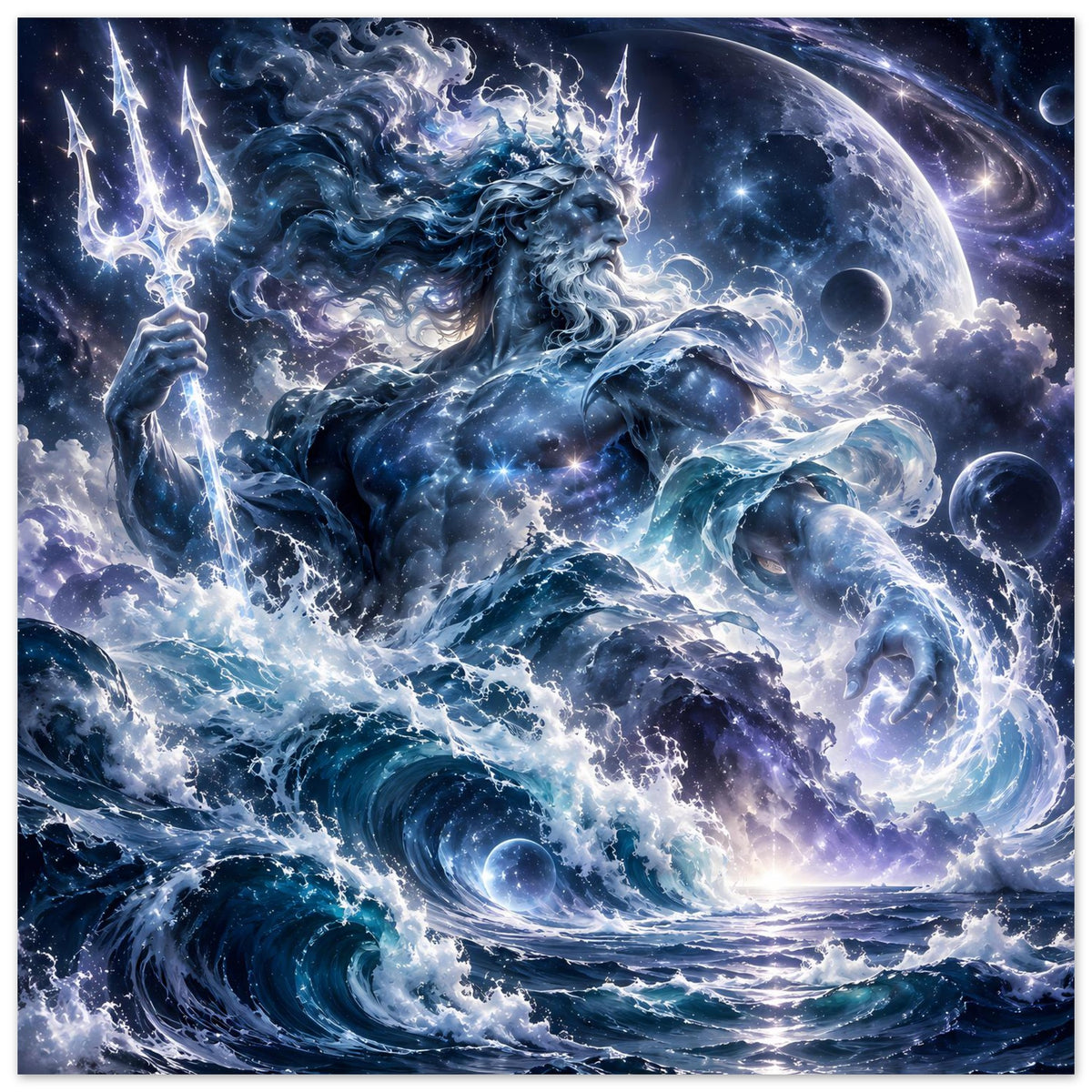 Ozean-Gott Poster mit riesigem Meerwesen, leuchtendem Dreizack und kosmischen Wolken über dem Ozean