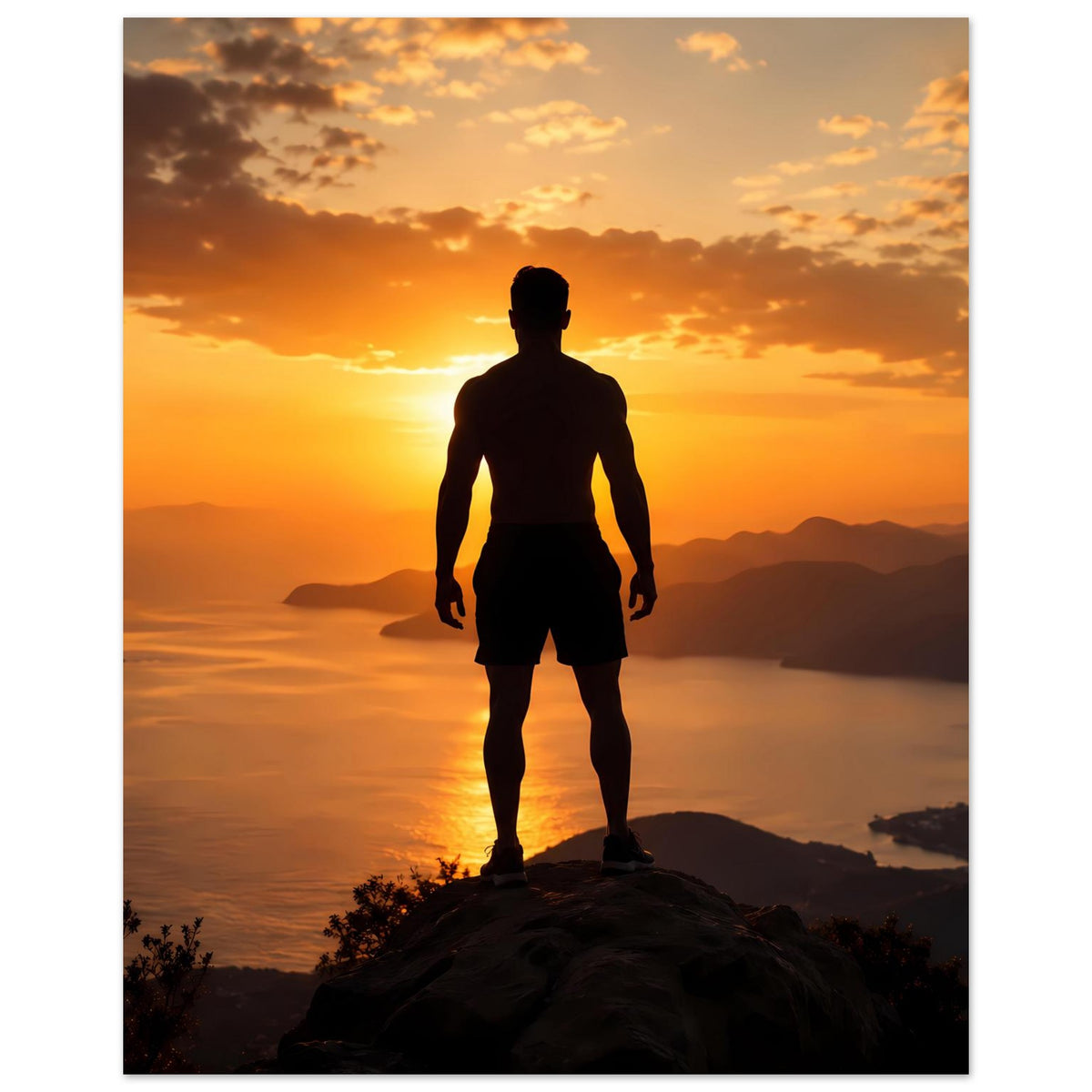 Kunstdruck-Poster, vertikal: männliche Silhouette steht auf Felsvorsprung im Sonnenuntergang