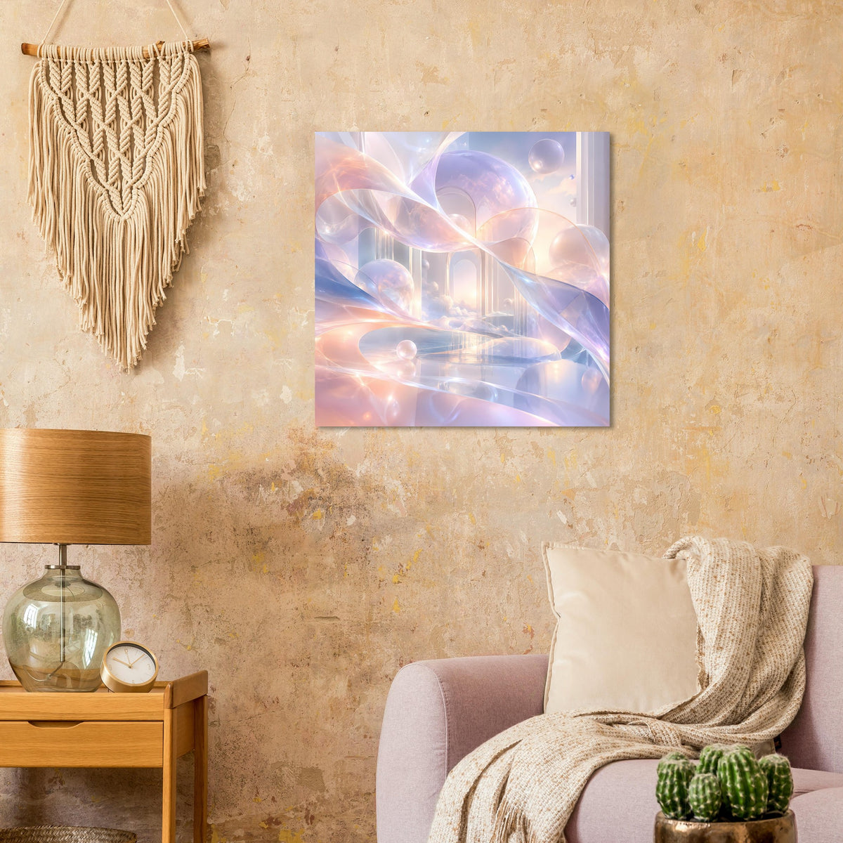 Quadratischer Kunstdruck mit pastellfarbenen Strukturen und Lichtreflexen, abstraktes Motiv