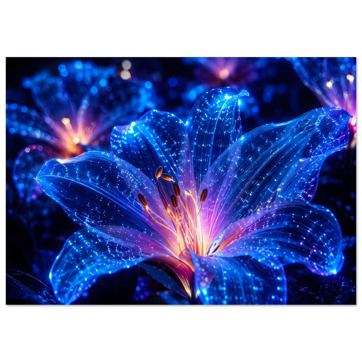 Leuchtendes Blumenposter, vertikal: blaue Fächerblüten mit orangefarbenem Kernleuchten
