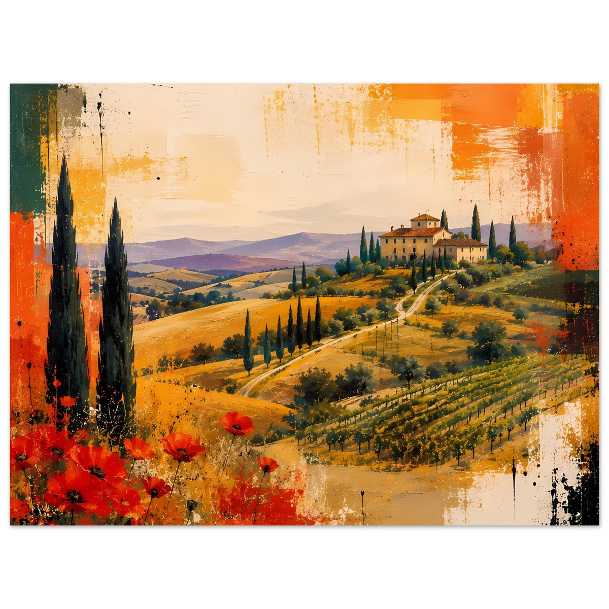 Abstraktes Landschafts-Poster mit orange-rotem Farbverlauf, Zypressen und Villa im Tal