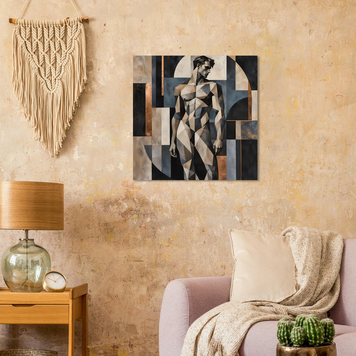 Kunstposter mit geometrischer Aktfigur: Schattenblock- und Erdtöne, zentral