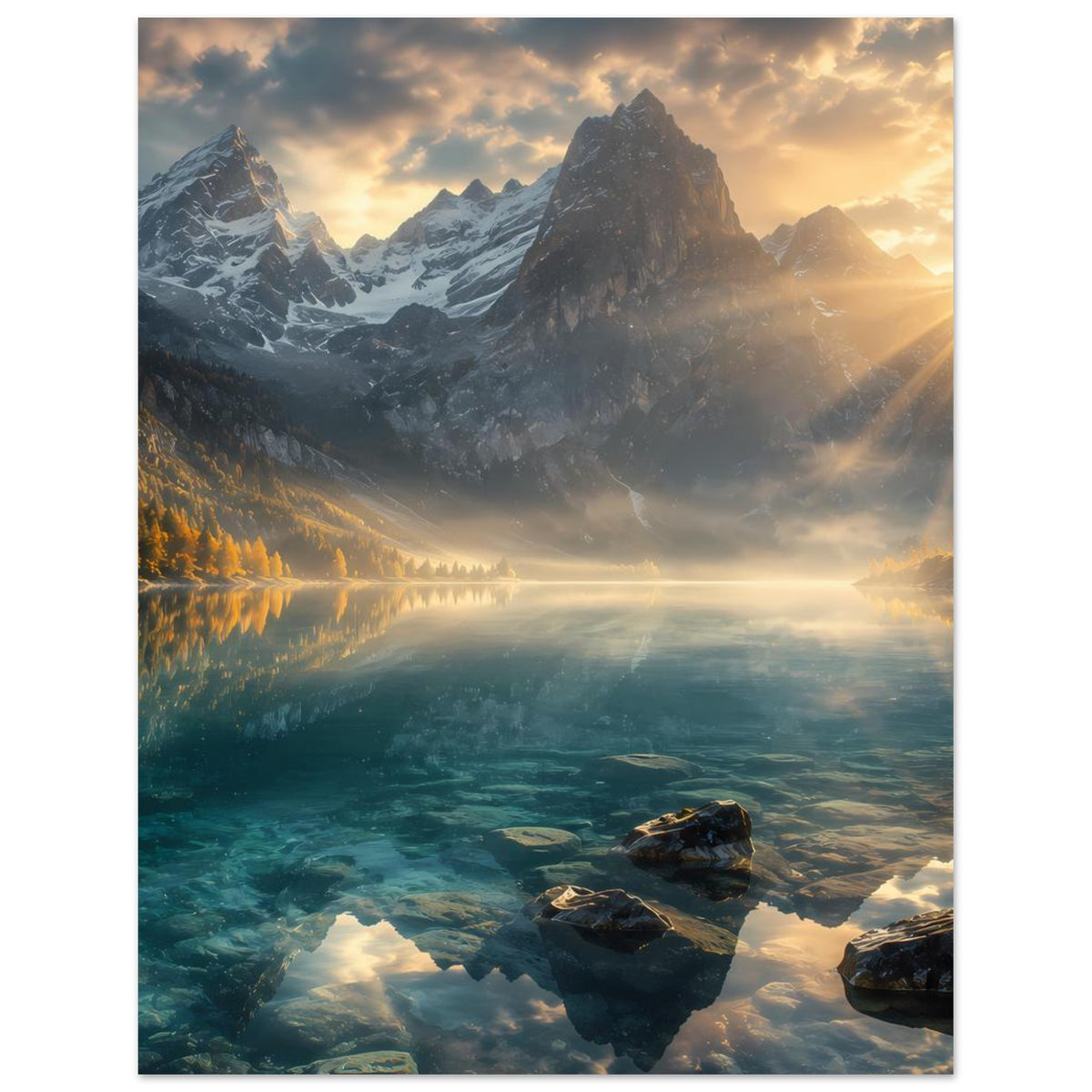 Wandposter mit Bergsee, großen Sonnenstrahlen am Himmel und schneebedeckten Gipfeln