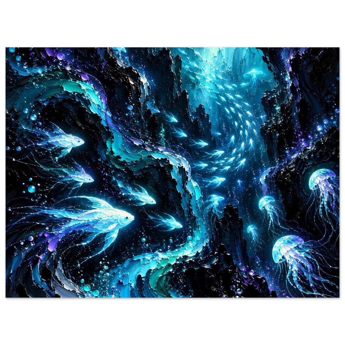 Horizontales Unterwasser-Poster mit blauen Fischen und Quallen, Lichtstrahlen und Blasen