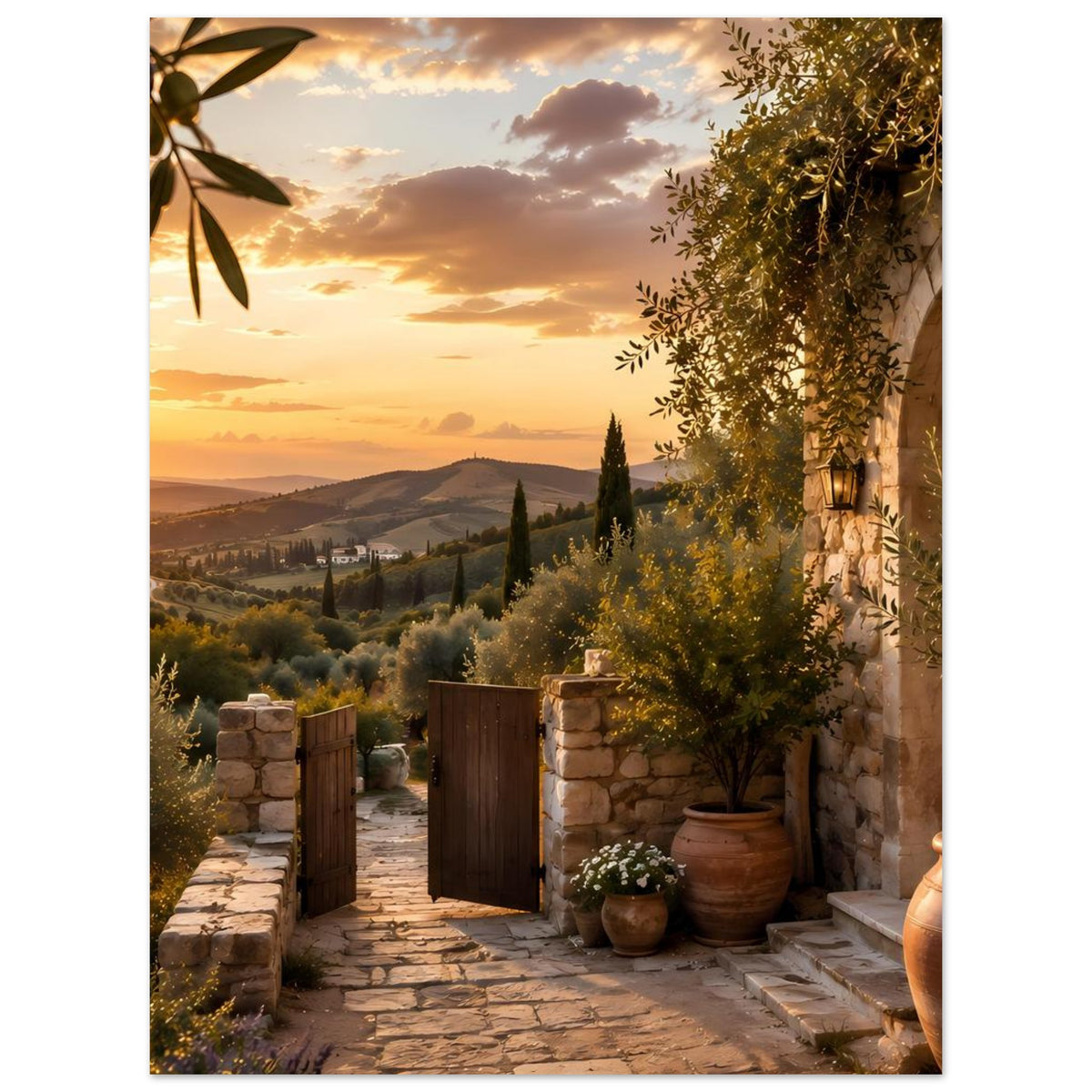 Kunstposter Hochformat mit Weg, Steinsäulen und Bäumen vor goldfarbenem Himmel