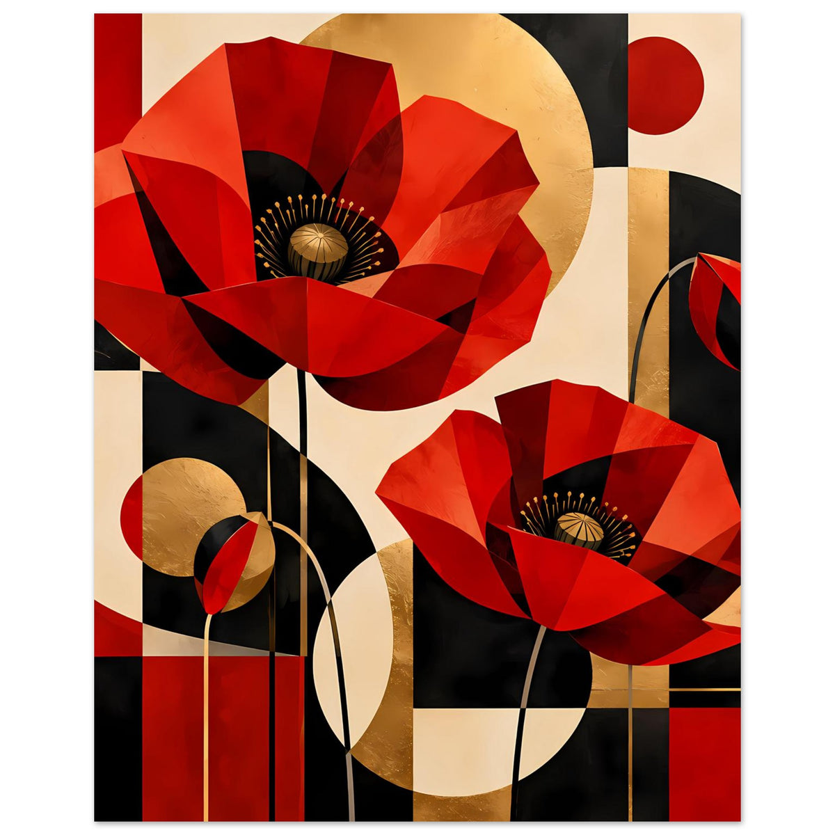 Kunstposter: rote Mohnblüten im geometrischen Stil mit goldenen Kreisen und Linien