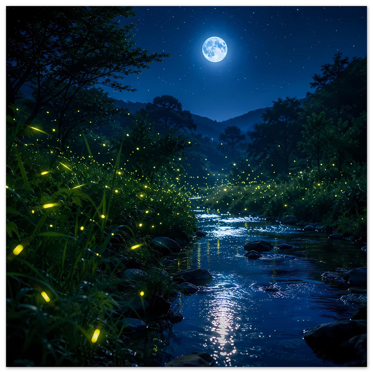 Wandposter im Hochformat: Mond über Fluss, dunkler Wald und leuchtende Punkte am Ufer