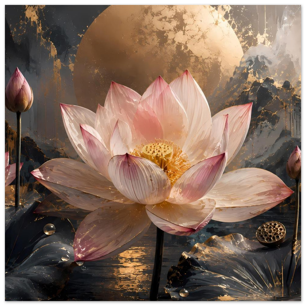 Poster mit rosa Lotusblüte, goldener Mondmitte und dunklen Blättern im Detail