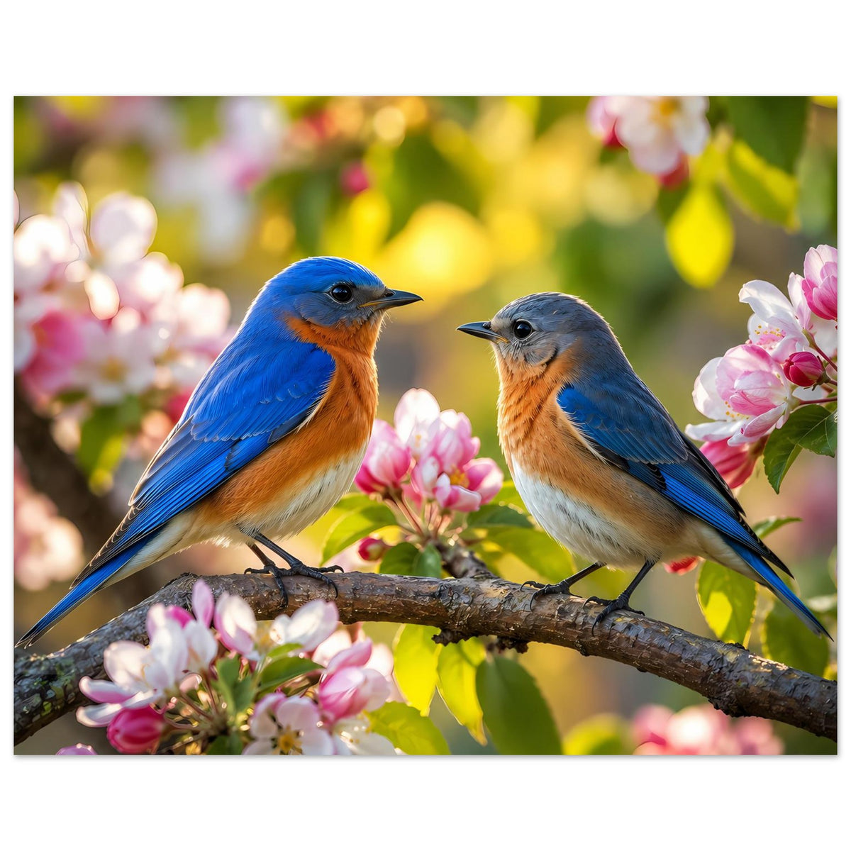 Poster: zwei blaue Singvögel auf Ast zwischen rosa Blüten