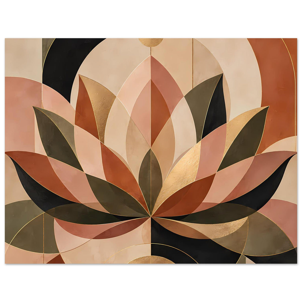 Poster mit geometrischer Lotusblüte in warmen Erdtönen und goldfarbener Aufhängung