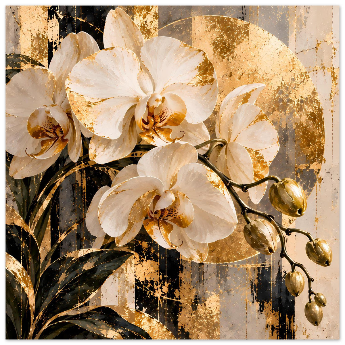 Orchideen-Wandbild mit goldenen Akzenten, weiße Blüten, horizontal gerahmt