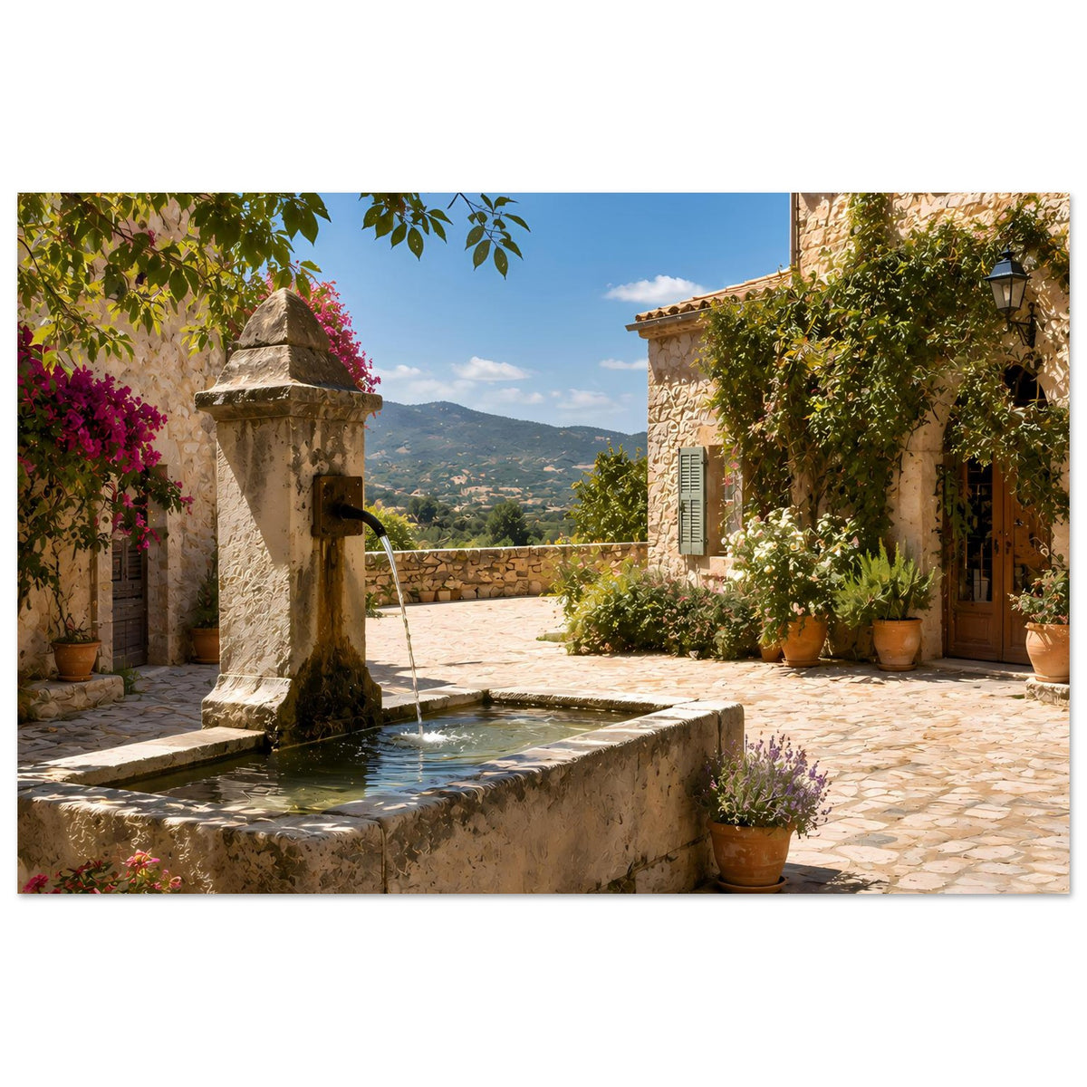 Breitformat-Poster: Steinbrunnen im mediterranen Innenhof mit Pflanzkübeln und Mauer