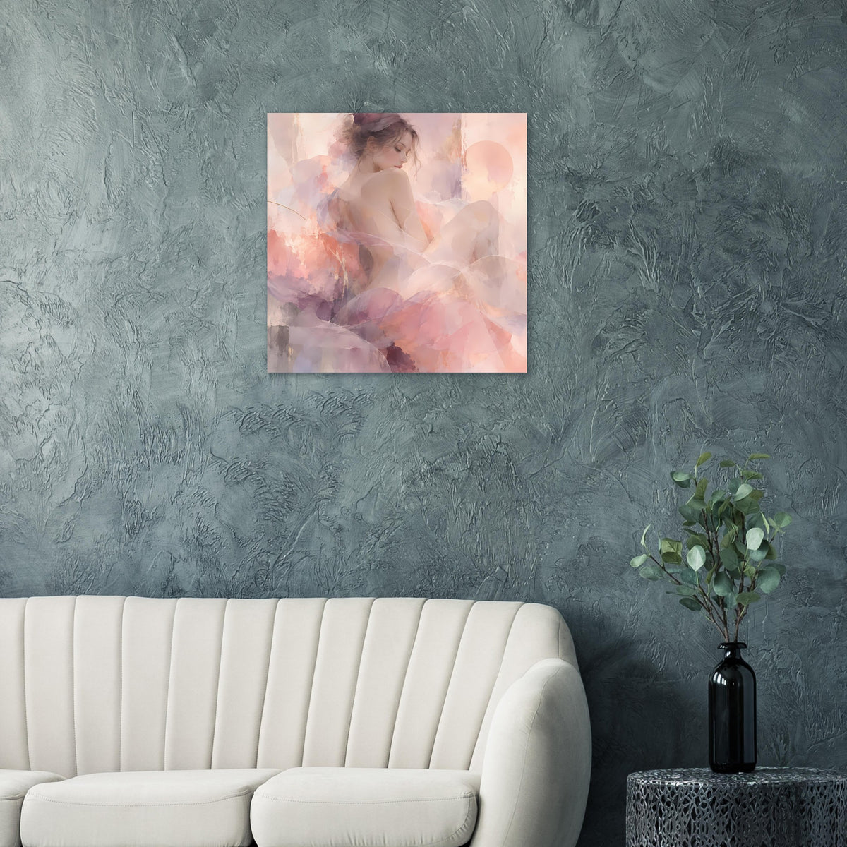 Quadratisches Wandposter mit abstraktem Frauenporträt in Pastellrosa und Lavendel