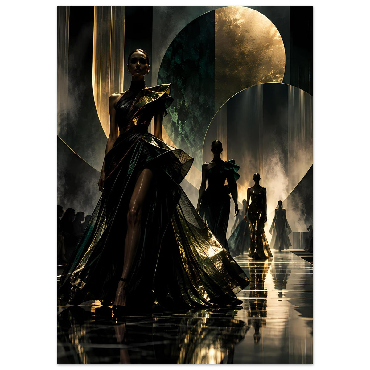 Fashion-Runway-Poster mit vordergründiger schwarzer Model-Silhouette und gold-beleuchtetem Bogen