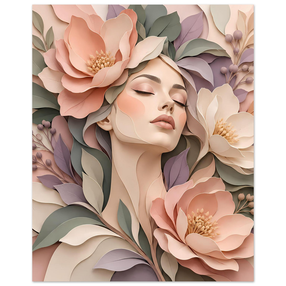 Florales Portrait-Poster mit Frauengesicht, Augen geschlossen, Pastellblüten und Blätter, vertikal