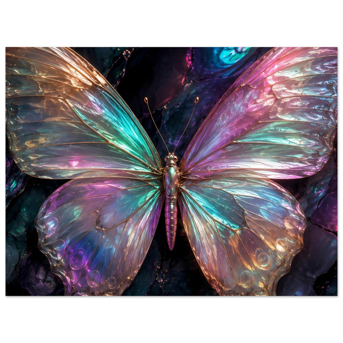Poster mit mittigem Schmetterling und schimmernden Flügeln in Regenbogenfarben