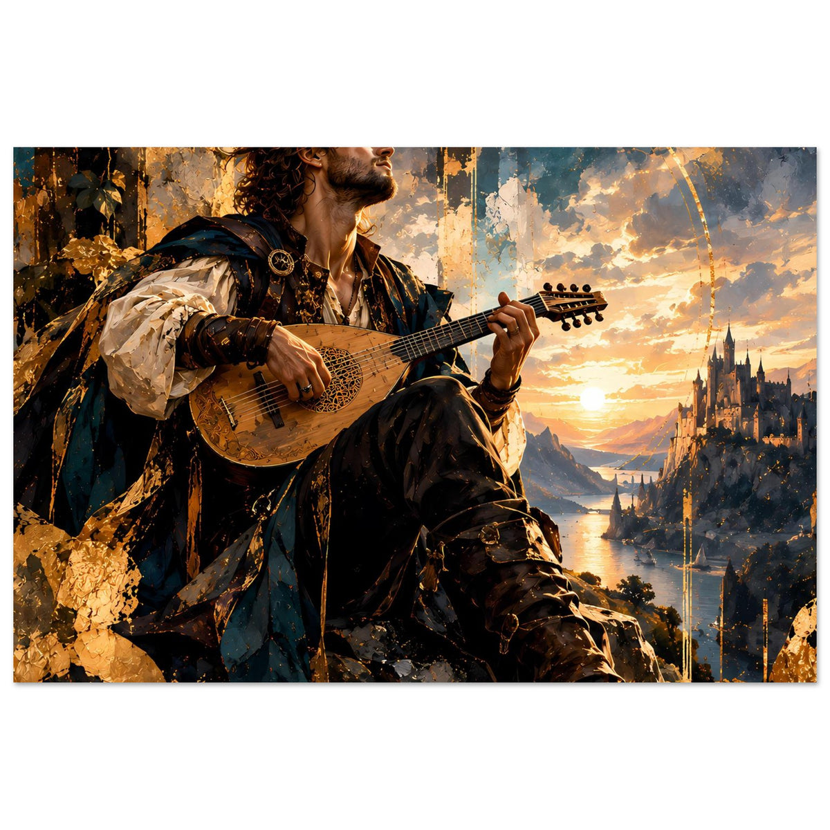 Horizontales Poster mit Fantasy-Barde und Gitarre, Sonnenuntergangsszene mit Burg