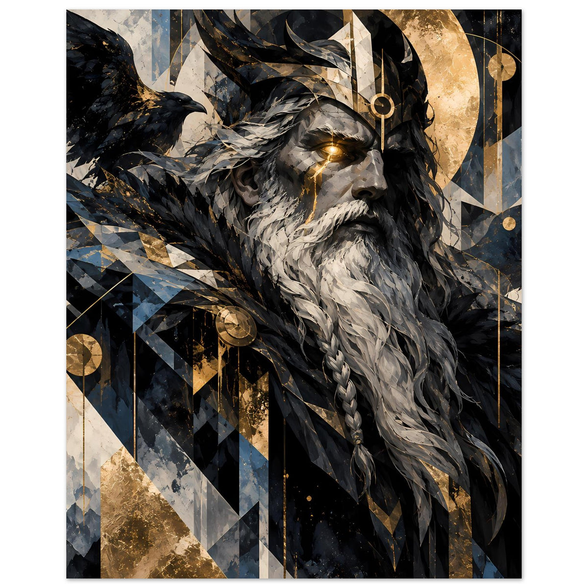 Poster nordische Gottheit, Nahansicht: bärtiger Kopf mit goldenem Auge, runenartige Muster