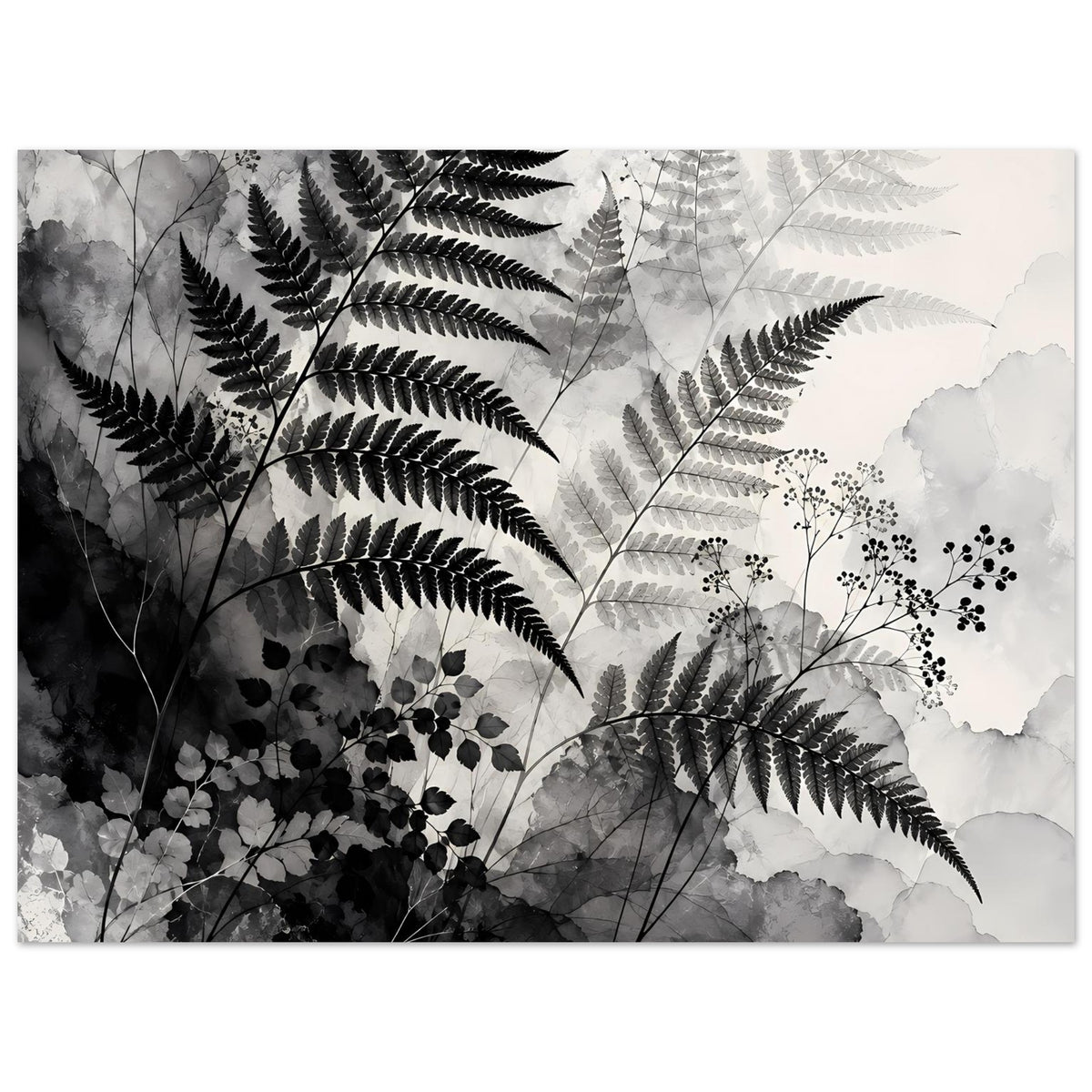Botanisches Kunstposter (quer) mit Farnwedeln und feinen Blütenzweigen in Schwarzweiß.